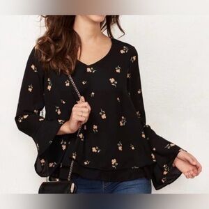 Lauren Conrad Black Floral Lace Bell Sleeve Top – Size Medium –Sheer Trim Detail